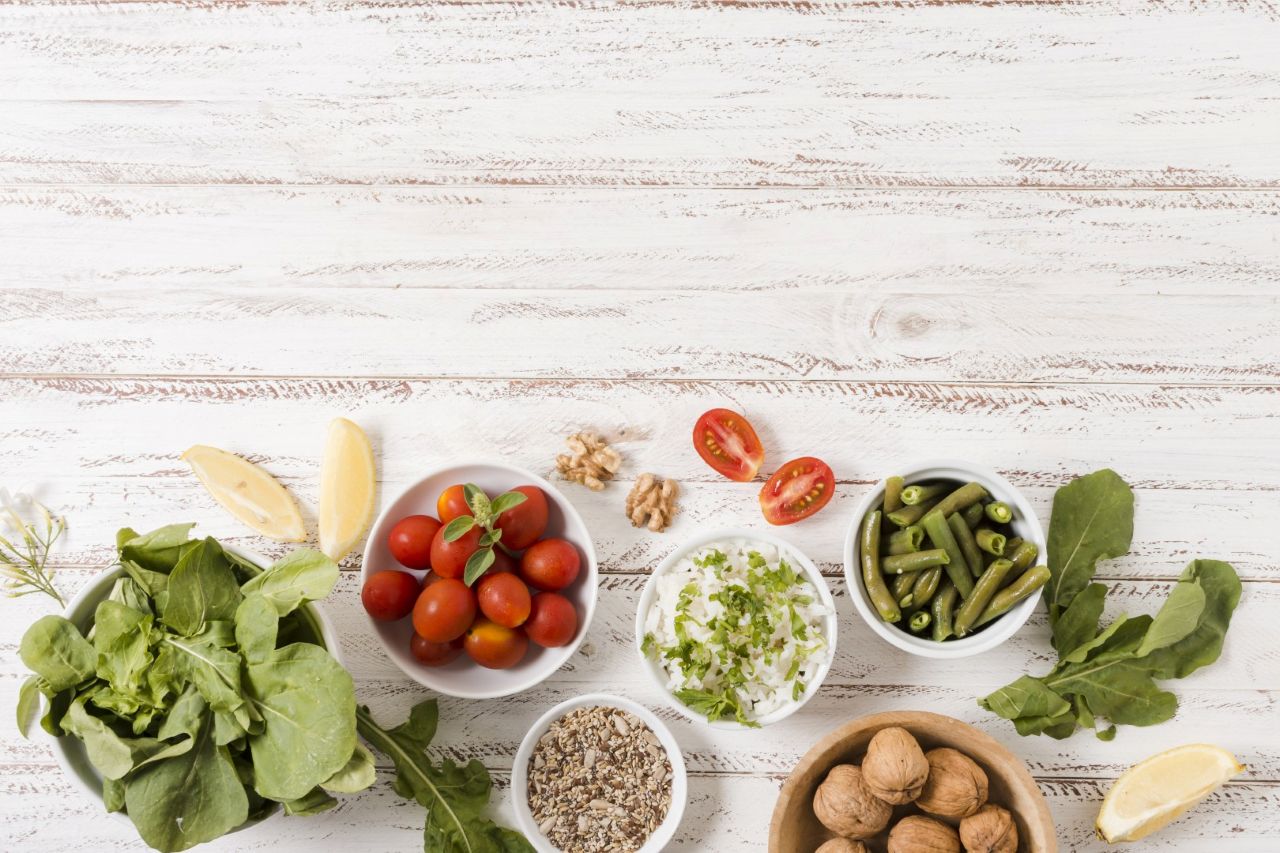 Fresh ingredients and healthy dishes on a table